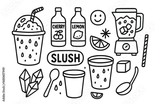 Slush Doodle Icons. Hand-drawn doodle illustration flavored slush varieties slush cup, syrup bottles, fruit slices, ice crystals,