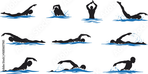 Swimming silhouette vector set, freestyle stroke, butterfly stroke, breaststroke, backstroke, swimmers in water, athlete poses, water sports illustration, black swimmer icons