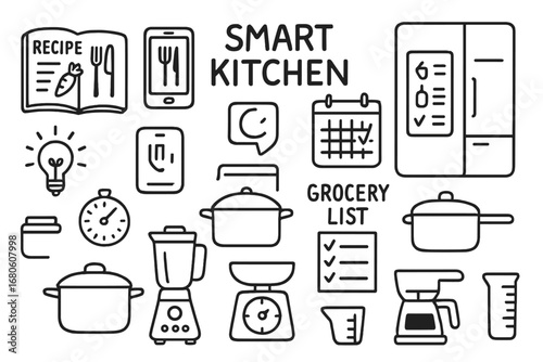 Smart Kitchen Essentials. Hand-drawn doodle illustration Smart kitchen meal planning recipe book, smartphone, tablet, smart fridge