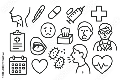 Sore Throat Doodles. Hand-drawn doodle illustration sore throat throat, red spot, thermometer, pill, syringe, cross, clipboard,
