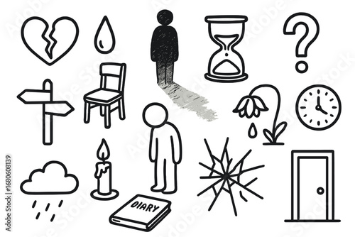 Sorrowful Doodle Symbols. Hand-drawn doodle illustration sorrow and uncertain path ahead broken heart, teardrop, empty chair,