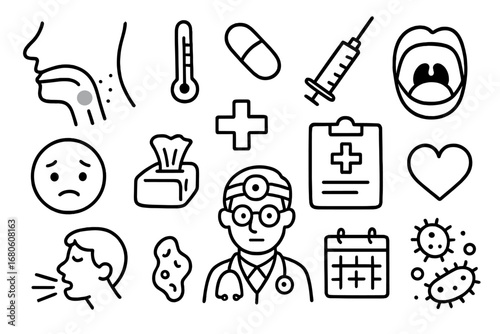Sore Throat Doodles. Hand-drawn doodle illustration sore throat throat, red spot, thermometer, pill, syringe, cross, clipboard,