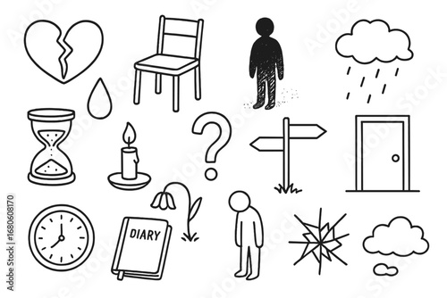Sorrowful Doodle Symbols. Hand-drawn doodle illustration sorrow and uncertain path ahead broken heart, teardrop, empty chair,