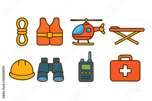 SOS Rescue Tools. Flat vector mini-illustrations SOS rescue tools in colors children's illustrations: rope, life jacket, first aid