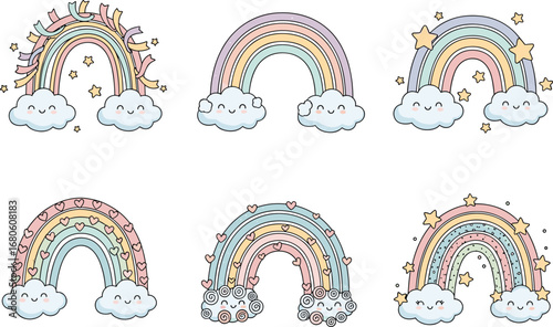 Cute pastel rainbow with smiling clouds and stars, kawaii rainbow illustration set, adorable cartoon rainbow with hearts and clouds