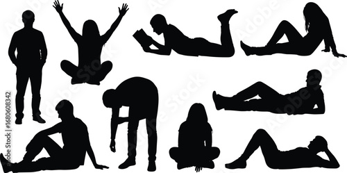 Silhouette vector set of people in various sitting, standing, and lying poses for design, illustration, education, or creative projects.