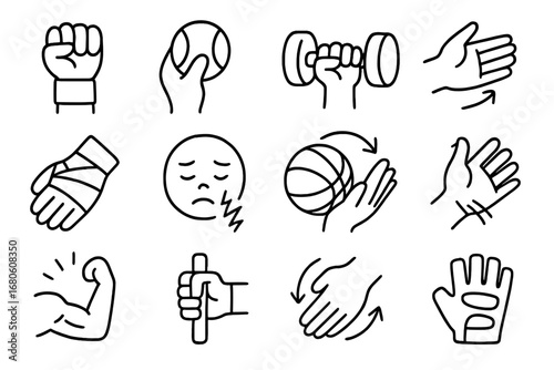 Sports Wrist Icons. Hand-drawn doodle illustration wrist in sports wristband, tennis icon, gym hand, dumbbell grip, wrist stretch,