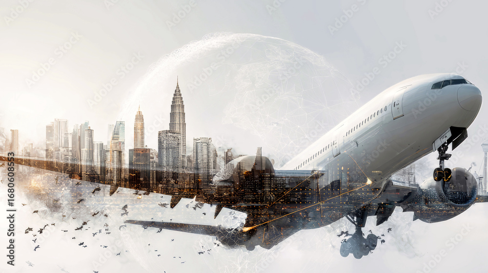 Obraz premium Double exposure of airplane and cityscape illustrating global lo