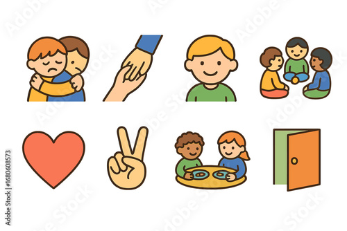 Supportive Symbols Grid. Flat vector mini-illustrations guilt and support in colors children's illustrations: comforting hug,