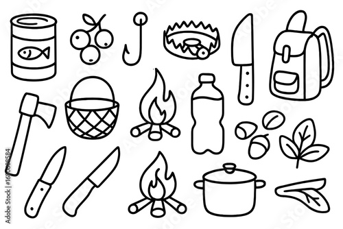 Survival Essentials Doodle. Hand-drawn doodle illustration food for survival canned food, berries, fishing hook, trap, knife, fire