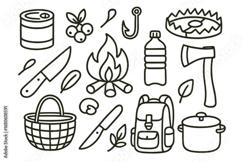 Survival Essentials Doodle. Hand-drawn doodle illustration food for survival canned food, berries, fishing hook, trap, knife, fire