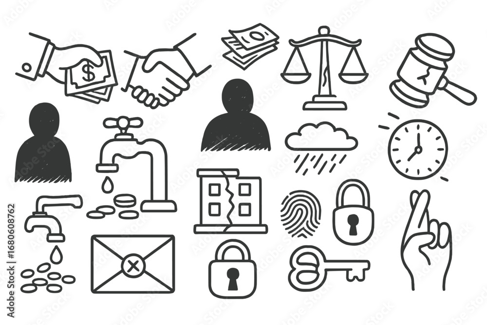 Fototapeta premium Symbols of Corruption. Hand-drawn doodle illustration unethical behavior bribe hand, shaking hands, money bills, broken scale,