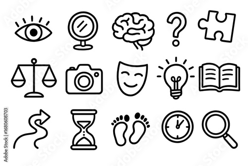 Symbolic Journey Icons. Hand-drawn doodle illustration confronting reality eye, mirror, brain, question mark, puzzle piece, scale,