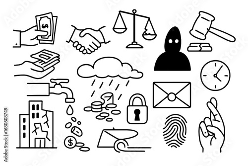 Symbols of Corruption. Hand-drawn doodle illustration unethical behavior bribe hand, shaking hands, money bills, broken scale,