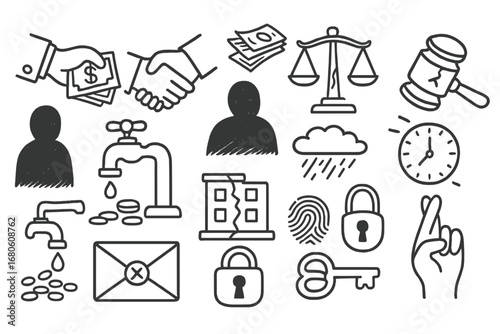 Symbols of Corruption. Hand-drawn doodle illustration unethical behavior bribe hand, shaking hands, money bills, broken scale,