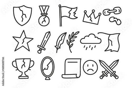 Symbols of Disgrace. Hand-drawn doodle illustration disgrace and indignity broken shield, cracked medal, torn flag, fallen crown,