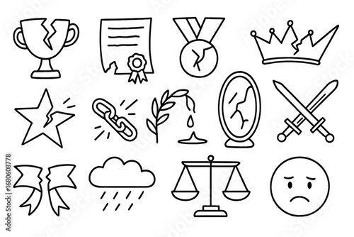 Symbols of Disgrace. Hand-drawn doodle illustration disgrace and shame broken trophy, torn certificate, cracked medal, fallen