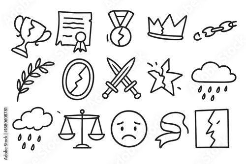 Symbols of Disgrace. Hand-drawn doodle illustration disgrace and shame broken trophy, torn certificate, cracked medal, fallen