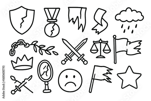 Symbols of Dishonor. Hand-drawn doodle illustration loss of honor broken shield, cracked medal, torn ribbon, shattered glass,