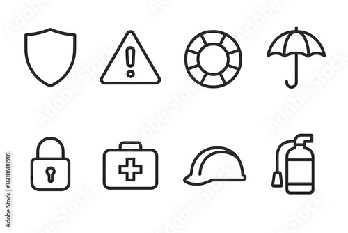 Icon Symmetry and Safety. Outline icon set of risk management: shield, warning triangle, lifebuoy, umbrella, lock, first aid kit,
