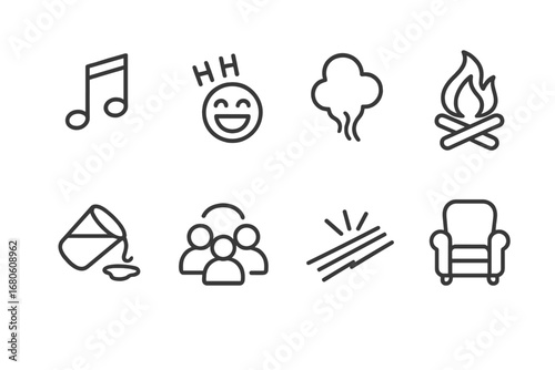 Tavern and Club Icons. Outline icon set of tavern atmosphere: music notes, laughter, smoke puff, fire crackling, spilled drink,