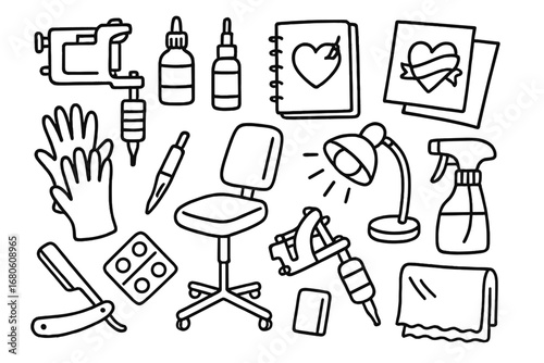 Tattoo Studio Tools. Hand-drawn doodle illustration custom tattoo tattoo machine, ink bottles, needle, sketchbook, stencil, gloves