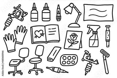 Tattoo Studio Tools. Hand-drawn doodle illustration custom tattoo tattoo machine, ink bottles, needle, sketchbook, stencil, gloves