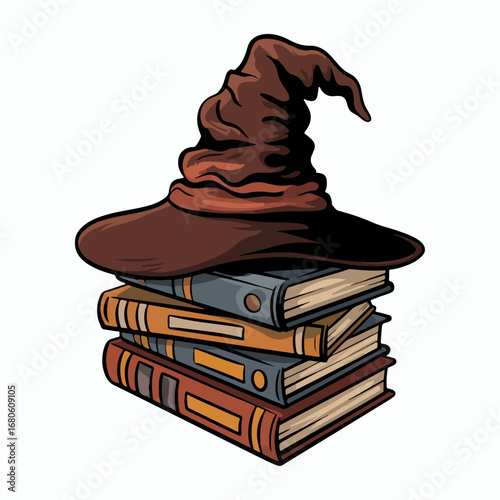 a witch hat and books on a white background