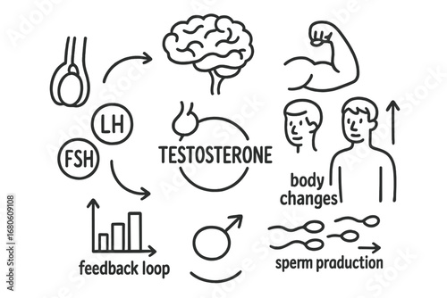 Testosterone Diagram Icons. Hand-drawn doodle illustration male hormones testosterone icon, testicle, LH hormone, FSH symbol,