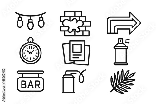 Themed Bar Icons. Outline icon set of themed bar decorations: string lights, graffiti wall, neon arrow, vintage clock, posters,