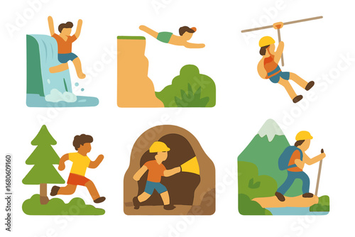Thrilling Nature Adventures. Flat vector mini-illustrations thrilling nature experiences in colors children's illustrations: