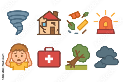 Tornado Disaster Icons. Flat vector mini-illustrations tornado disaster in colors children's illustrations: funnel cloud, broken