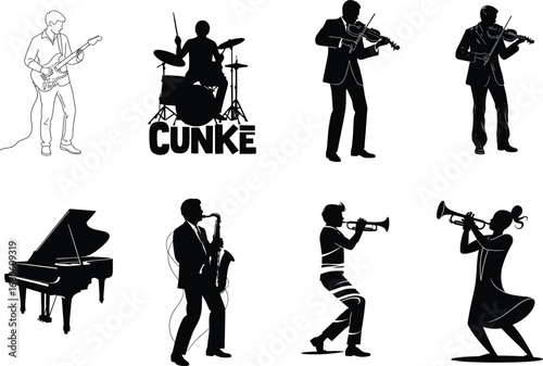 Musicians illustration with guitar, drums, violin, piano, saxophone, and trumpet players performing jazz, classical, and contemporary live music.