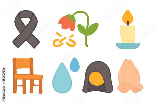 Tragedy Symbols Collection. Flat vector mini-illustrations tragedy symbols in colors children's illustrations: black ribbon,