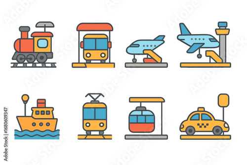 Transport Icons for Kids. Flat vector mini-illustrations platform transportation in colors children's illustrations: train