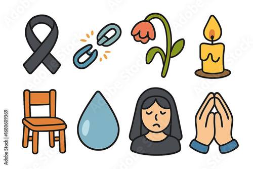 Tragedy Symbols Collection. Flat vector mini-illustrations tragedy symbols in colors children's illustrations: black ribbon,