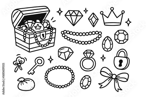 Treasure Chest Doodle. Hand-drawn doodle illustration treasure jewelry box treasure chest, open box, diamond, ruby, sapphire,