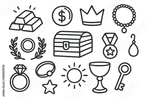 Treasure Icons Doodle. Hand-drawn doodle illustration gold gold bar, coin, crown, necklace, ring, treasure chest, laurel wreath,