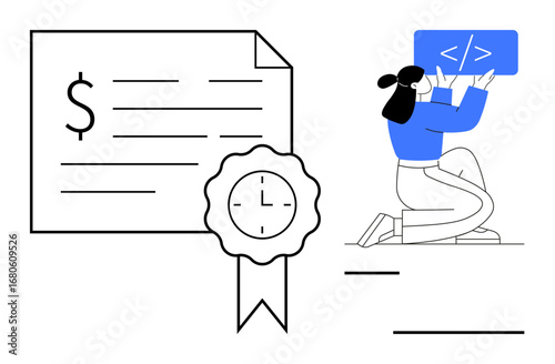Woman kneeling while holding coding screen beside a certificate with a badge. Ideal for programming, certification, education, skill development, career growth, remote work, and simple landing page