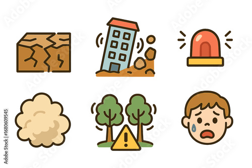 Tremor Icons Grid. Flat vector mini-illustrations tremor in colors children's illustrations: cracked earth, shaking building,