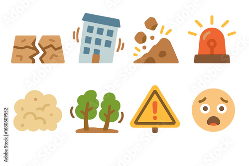 Tremor Icons Grid. Flat vector mini-illustrations tremor in colors children's illustrations: cracked earth, shaking building,