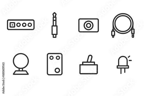 Trigger Hardware Icons. Outline icon set of trigger hardware: trigger interface, trigger input jack, trigger output jack, trigger