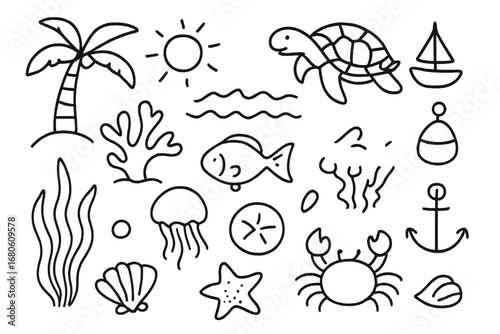 Tropical Ocean Doodles. Hand-drawn doodle illustration Tropical ocean habitat sea turtle, palm tree, coral reef, fish, waves,