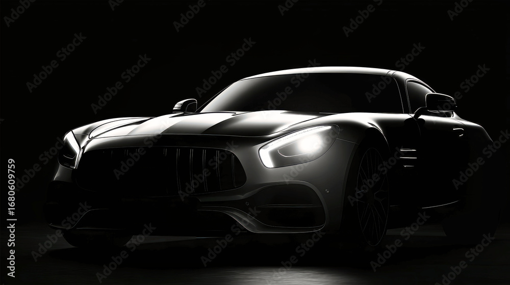 Fototapeta premium Luxury sports car silhouette with headlights shining against a b