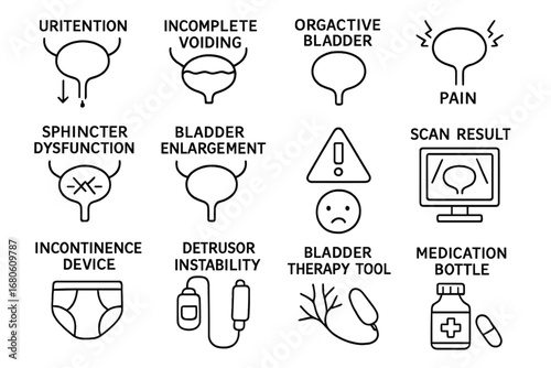 Urinary Health Doodles. Hand-drawn doodle illustration bladder dysfunction urinary retention icon, incomplete voiding, overactive