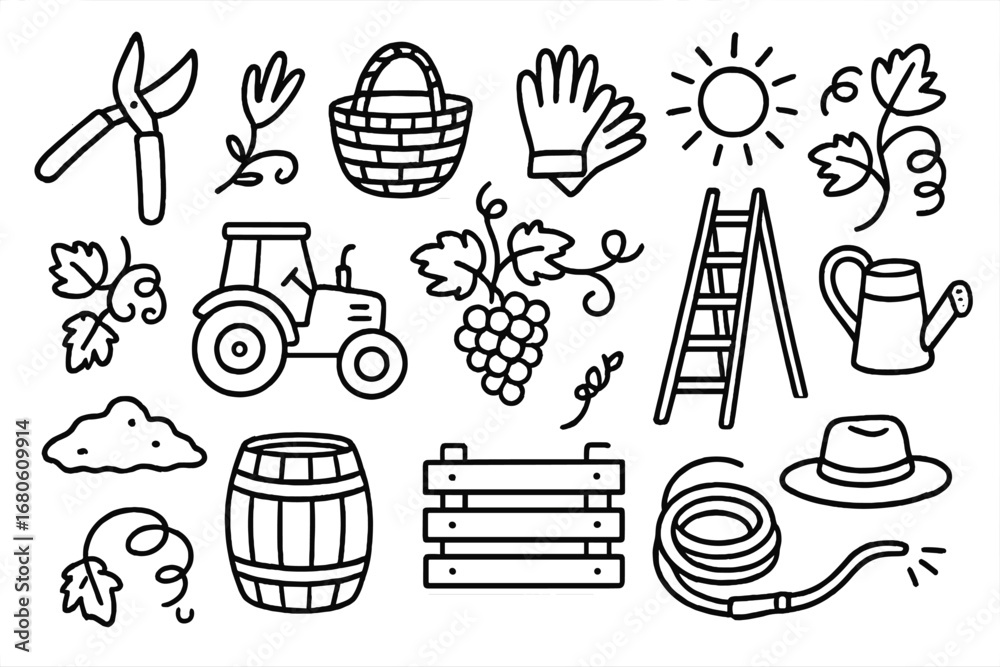 Fototapeta premium Vineyard Tools Doodle. Hand-drawn doodle illustration Vineyard tools pruning shears, basket, gloves, watering can, tractor, ladder
