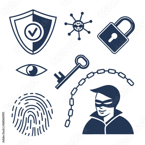 Glyph icons. Shield with check mark, lock, key, fingerprint, masked face (anonymity), encryption (closed lock), eye (surveillance), antivirus, secure connection (lock next to link).
