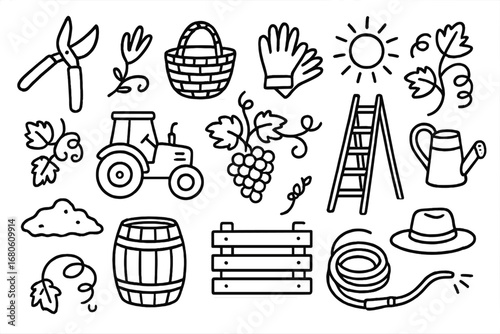 Vineyard Tools Doodle. Hand-drawn doodle illustration Vineyard tools pruning shears, basket, gloves, watering can, tractor, ladder
