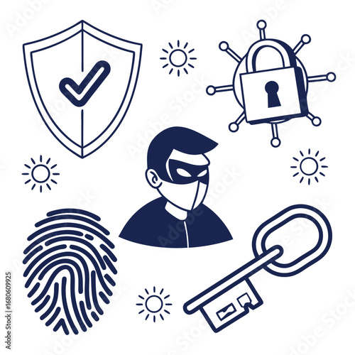 Glyph icons. Shield with check mark, lock, key, fingerprint, masked face (anonymity), encryption (closed lock), eye (surveillance), antivirus, secure connection (lock next to link).