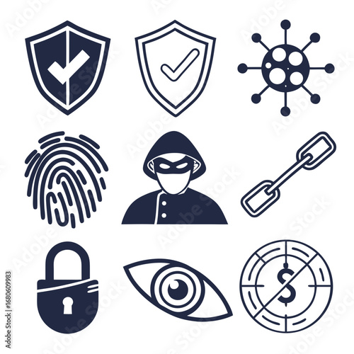 Glyph icons. Shield with check mark, lock, key, fingerprint, masked face (anonymity), encryption (closed lock), eye (surveillance), antivirus, secure connection (lock next to link).